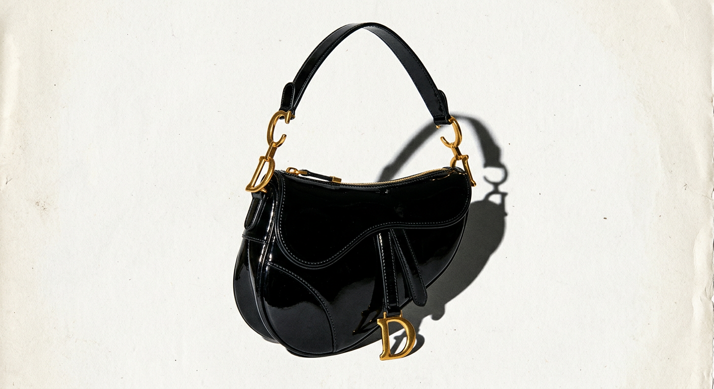 A glossy black patent saddle bag with gold hardware