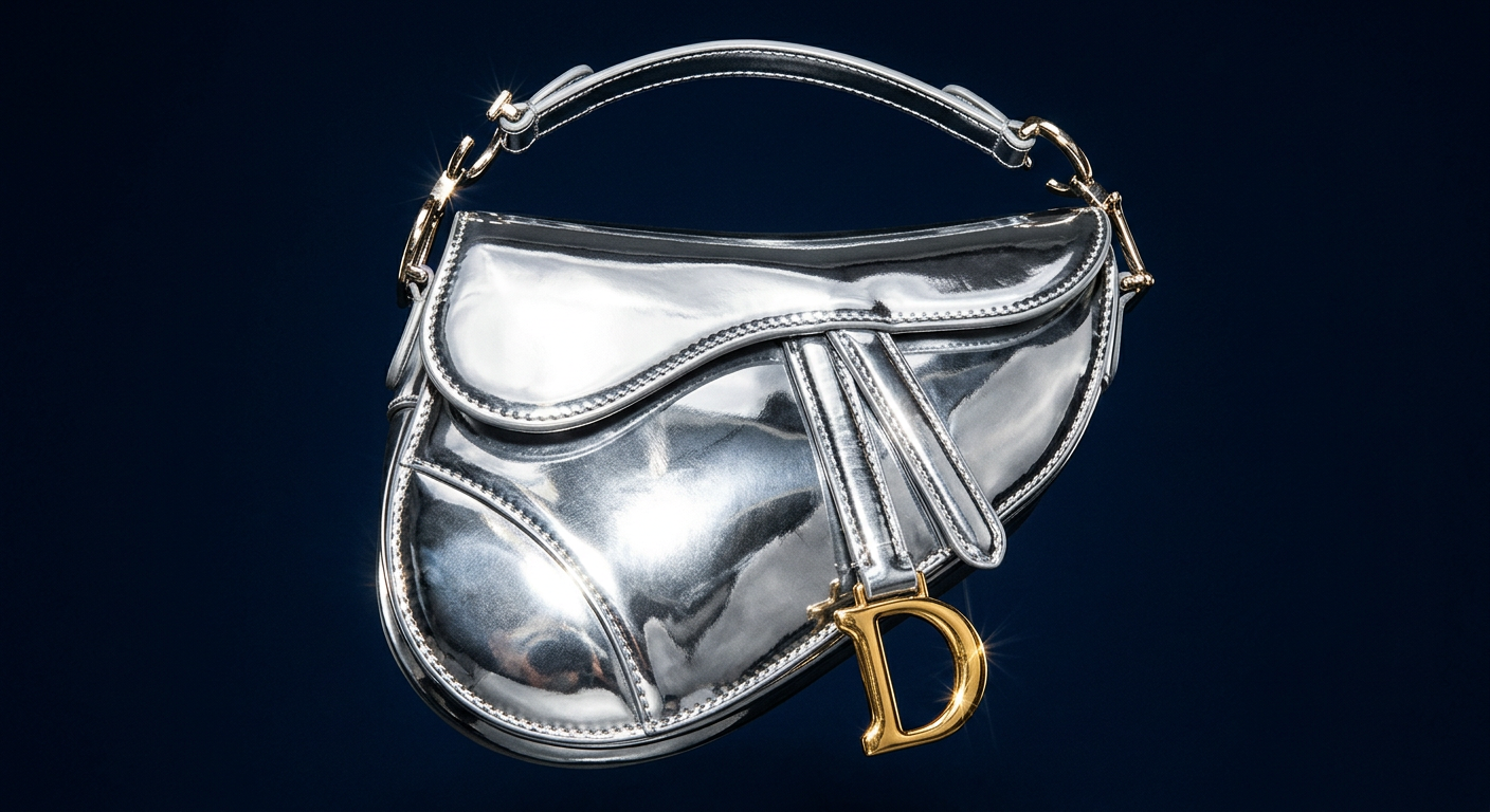 A saddle bag in mirror-finish chrome leather on navy