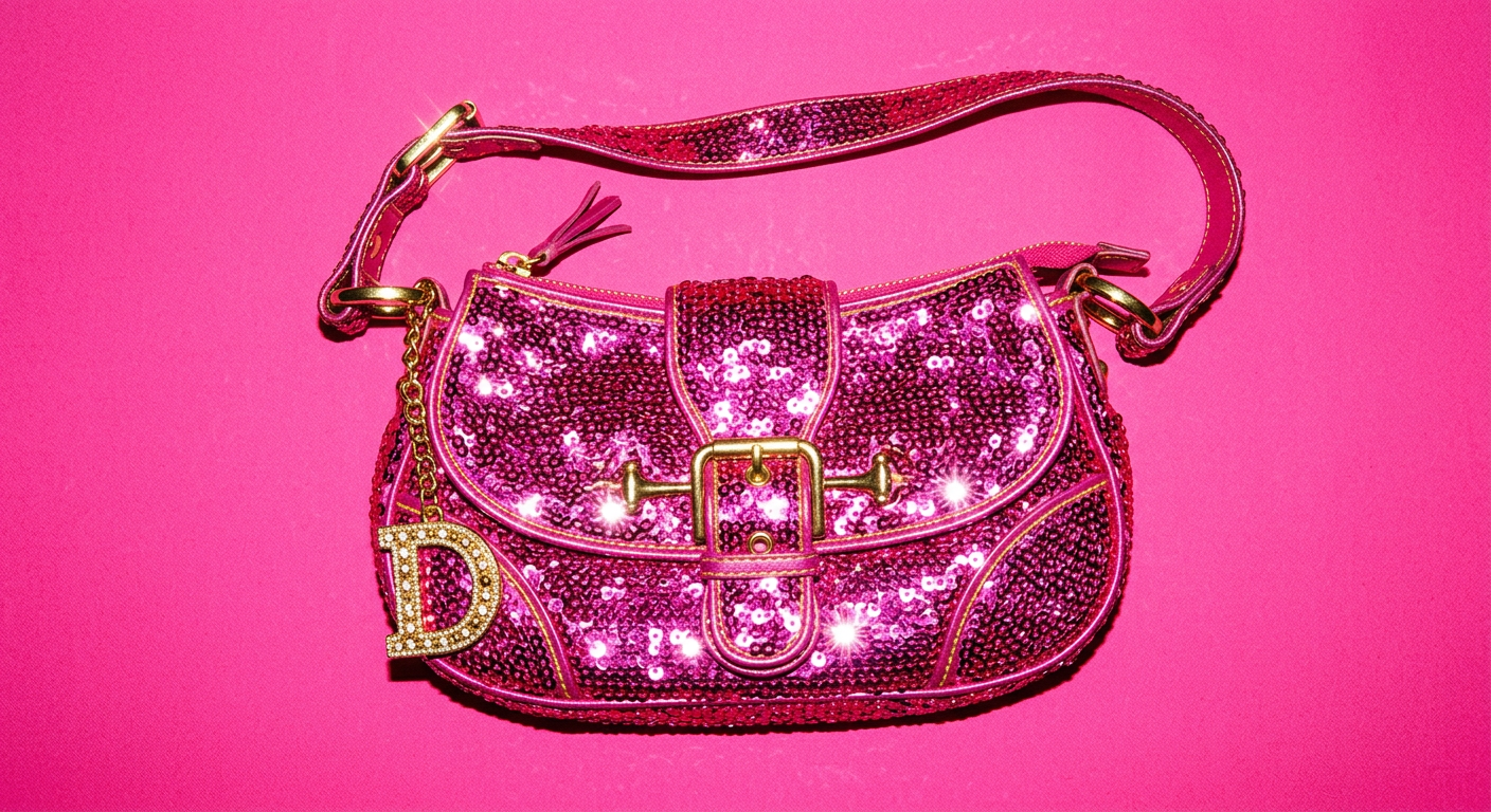 A saddle bag covered entirely in hot pink sequins